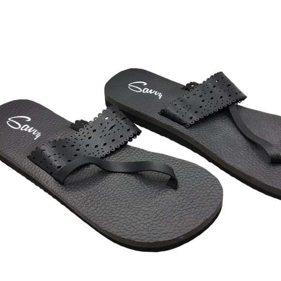 Savvy Shoes - Womens Savvy Reed Flat Slip On Black Thong Sandals